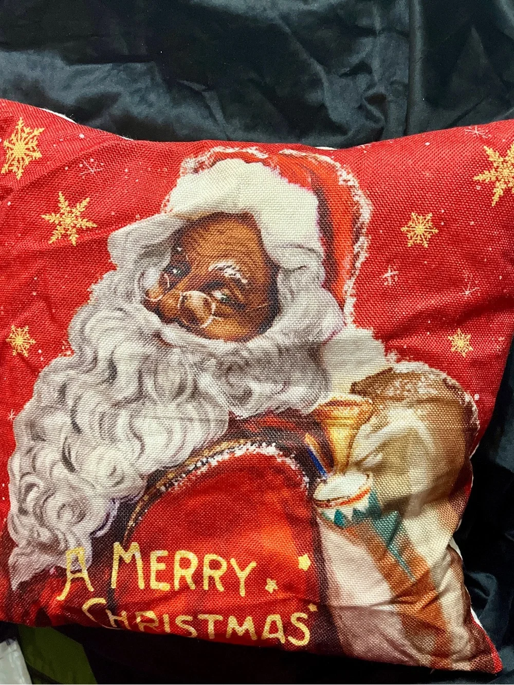 Black Santa Christmas Pillow Cover 17” Red Gold African American Holiday Decor